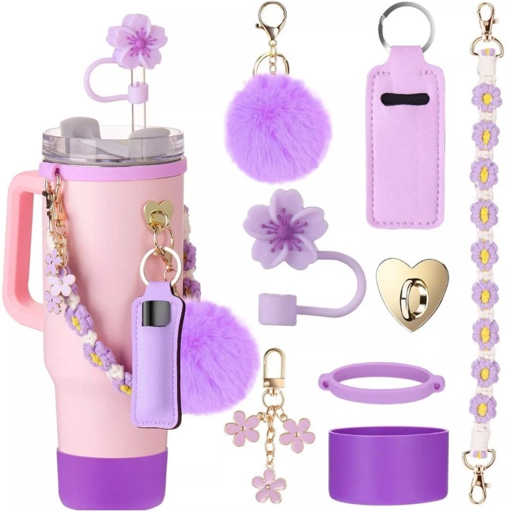8Pcs Purple Stanley Cup Accessories Set for 40 & 30oz Insulated Sleeve Keychain